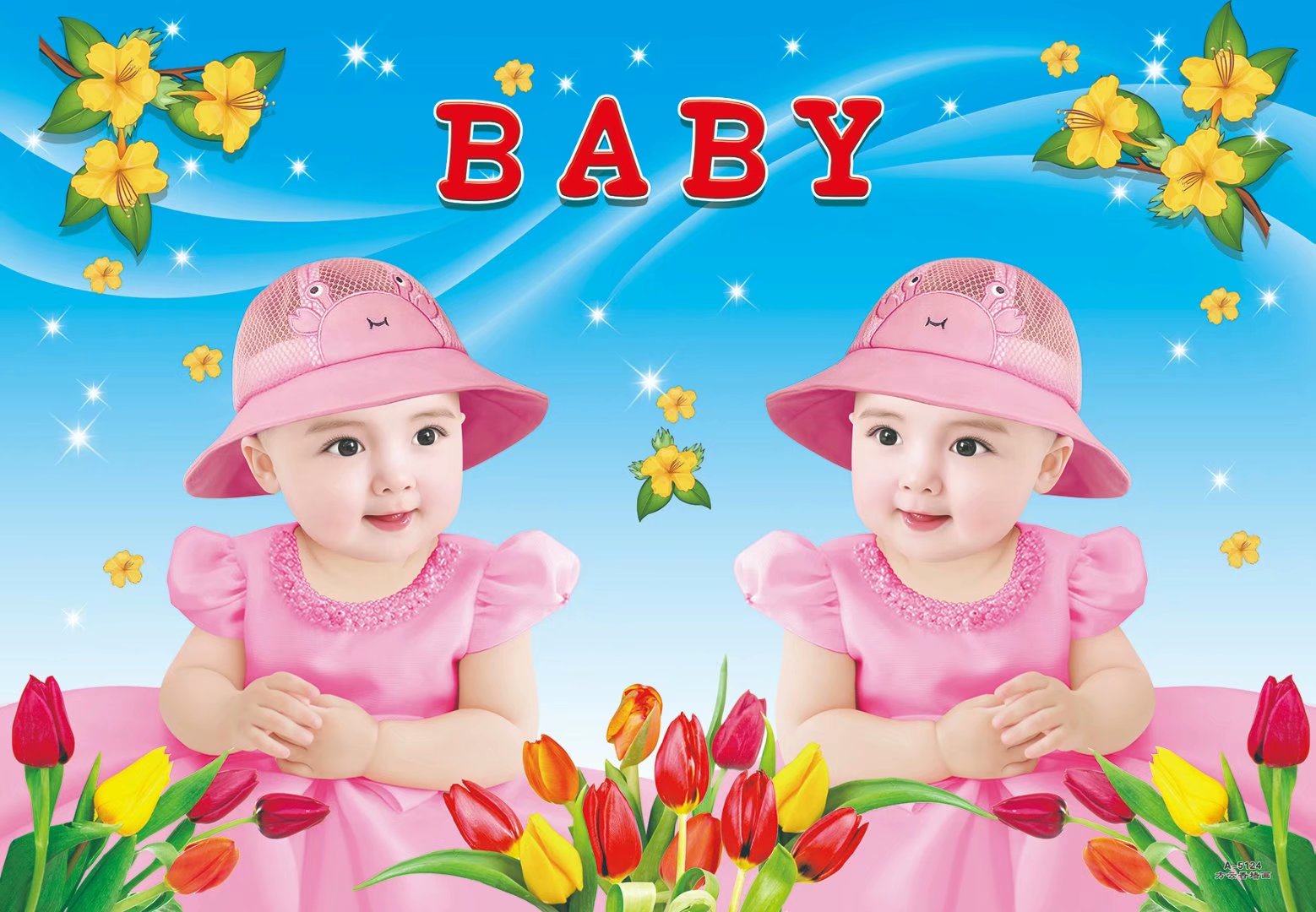 Cute twin female baby wall painting poster prenatal education doll painting wedding room baby painting beautiful baby sticker poster