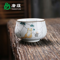 Cat fun picture Ru kiln tea cup open film can raise gold thread high-grade Ru porcelain cup tea cup tea bowl kung fu tea set