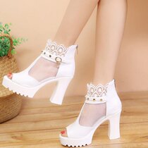 2020 new mesh gauze through E gas fish mouth thick heel heel high heel back zipper waterproof table womens sandals