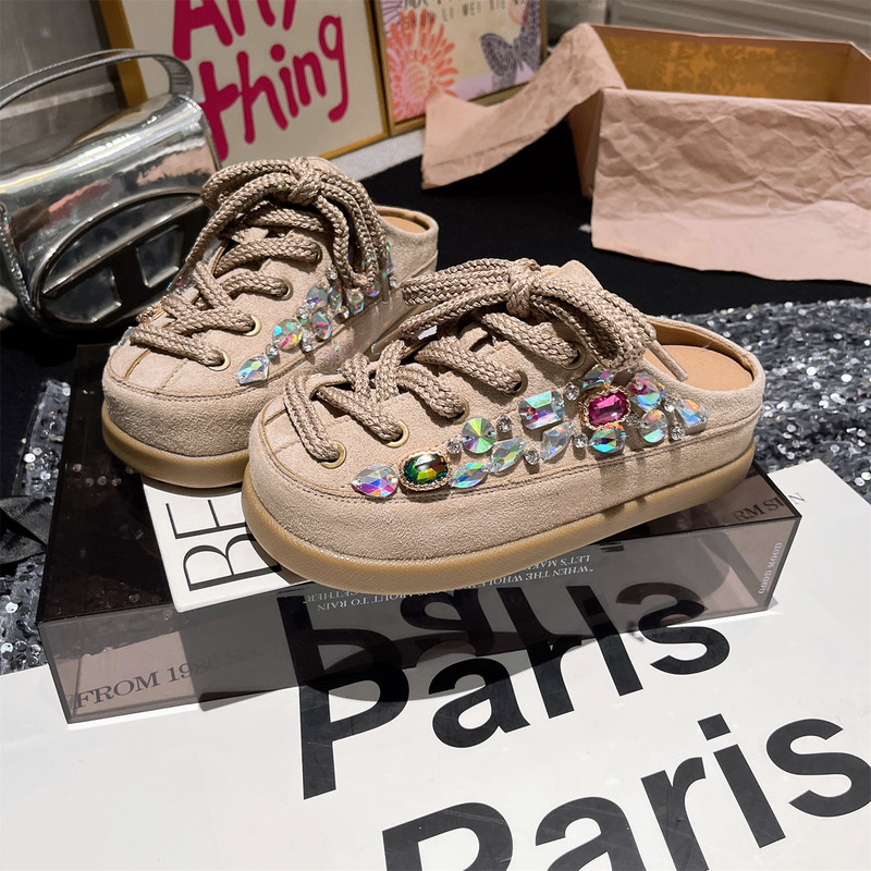 European-Style Heavy-Duty Colorful Rhinestone Lace-Up Capybara Big-Toe Slip-On Birkenstock-Style Women's Shoes