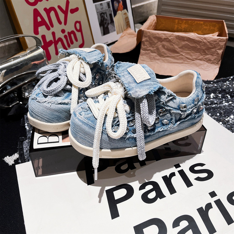 European-Style Heavy-Duty Rhinestone Denim Lace-Up Flip-Top Kapibara Birkenstock Shoes, Retro Casual Platform Loafers, Women's Platform Shoes