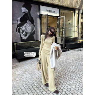 Superniniyy mulberry silk wool suit & gentle mulberry silk wool v-neck trumpet sleeve knitted suit