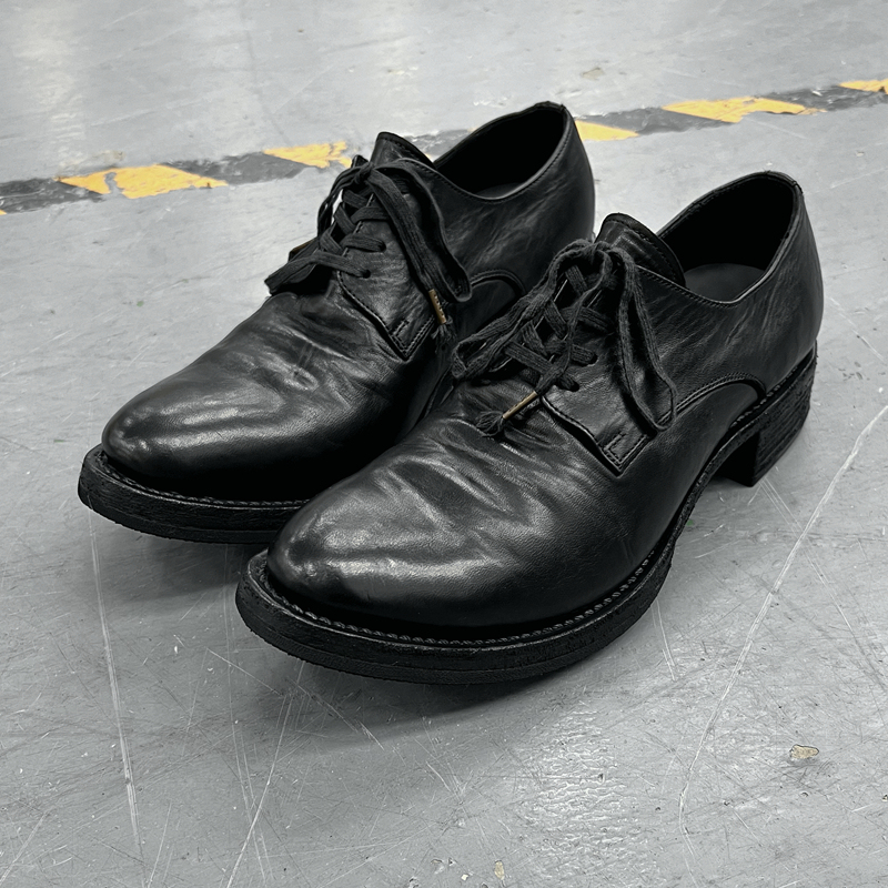 Nid De Guepes Horse Leather Pointed Toe Lace-Up Dark Avant-Garde Hand-Stitched Goodyear Welted Washed Artisan Leather Shoes