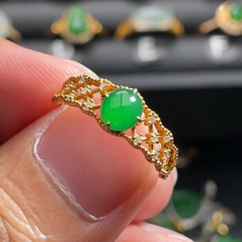 18k gold natural jade a goods 2580 full green cabochon ring inlaid with diamond jewelry jade k yellow lace jewelry
