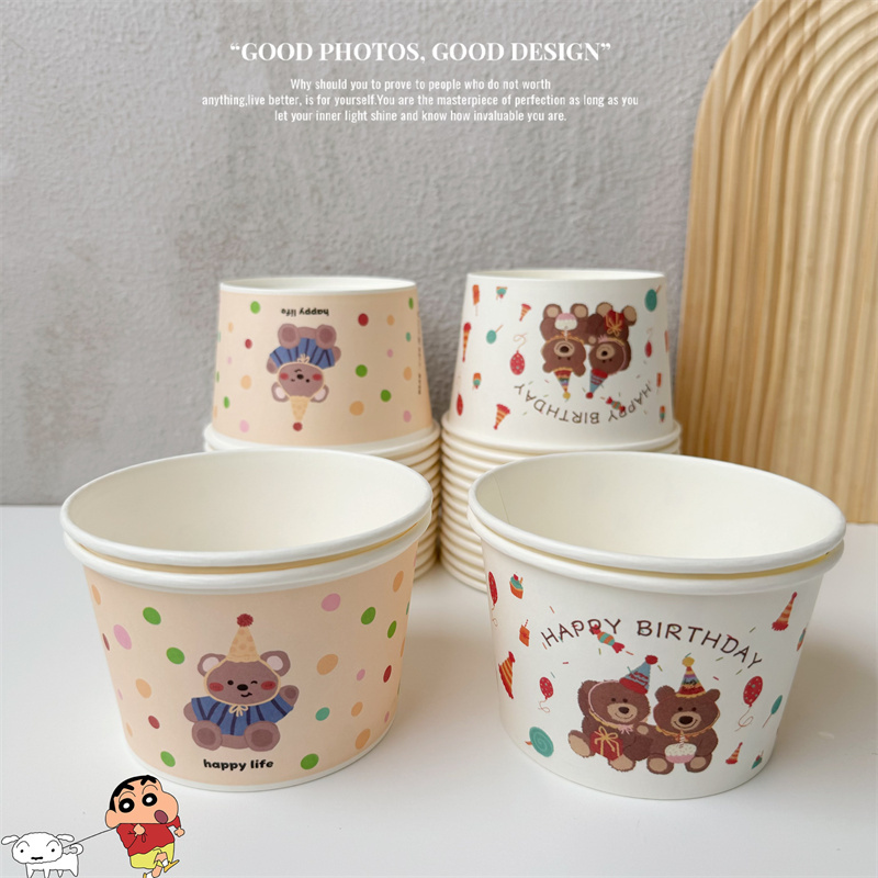 New ins Bear-Themed Thickened Disposable Paper Bowls, Food-Grade, Cute, No-Wash Rice Bowls, Soup Bowls, Take-Out Tableware