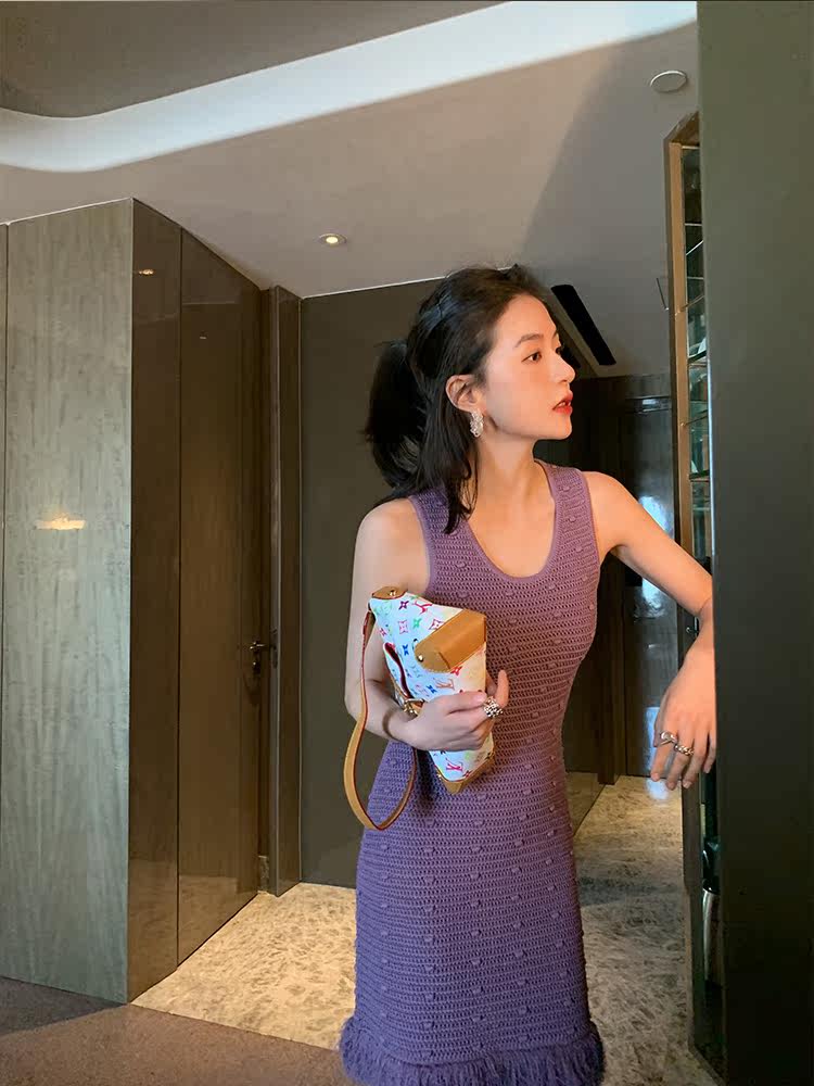 ADA MISS summer and autumn 2021 new medium and long slim bottom deep scoop neck tassel knitted sundress short skirt