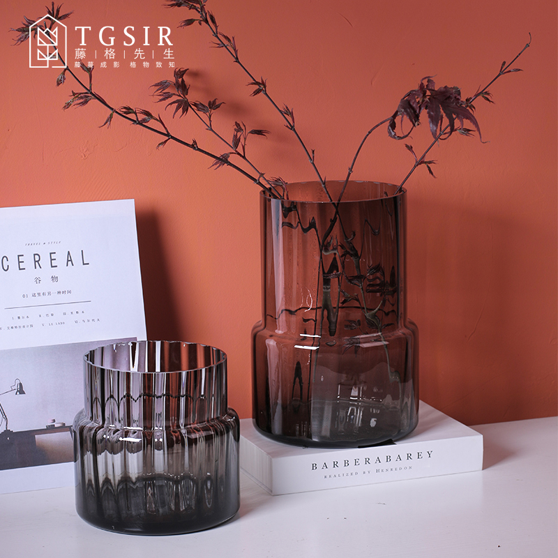 Creative Minima Transparent Glass Vase Short Fat Large Striped Living Room Dining Room Table Water Flowers Floral Floral Ornament Pendulum