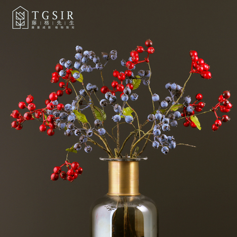 Artificial blueberry fruit tree branch fake flower Living room dining room Home decoration Plant fruit flower arrangement Floral art Artificial flower flower