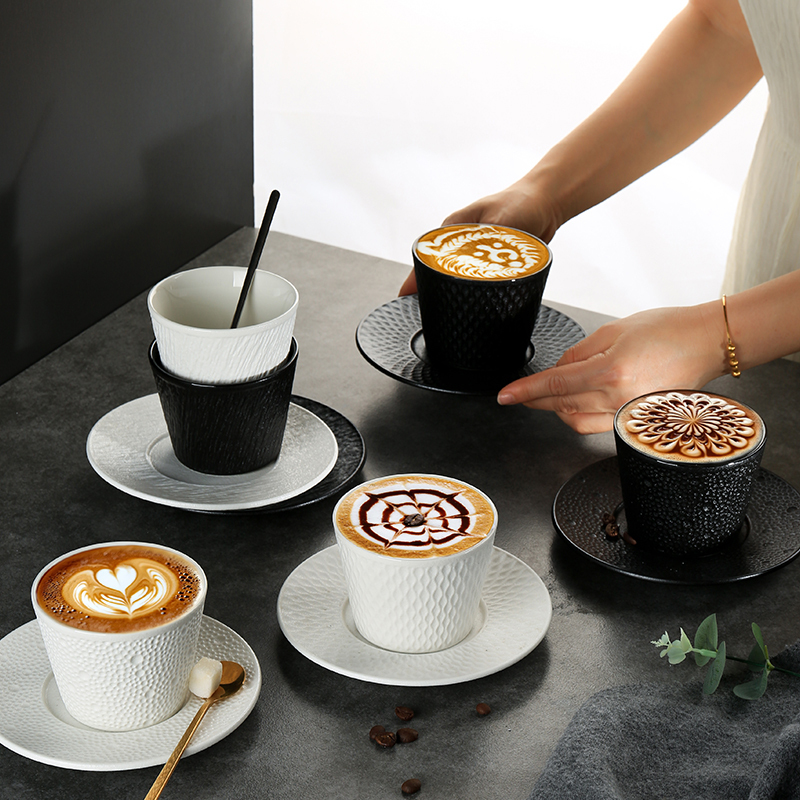 Thickened Ceramic Stone-Pattern Latte Art Cup, Simple Latte Cup, Japanese-Style Exquisite Matte Solid Color Australian White Coffee Cup and Saucer