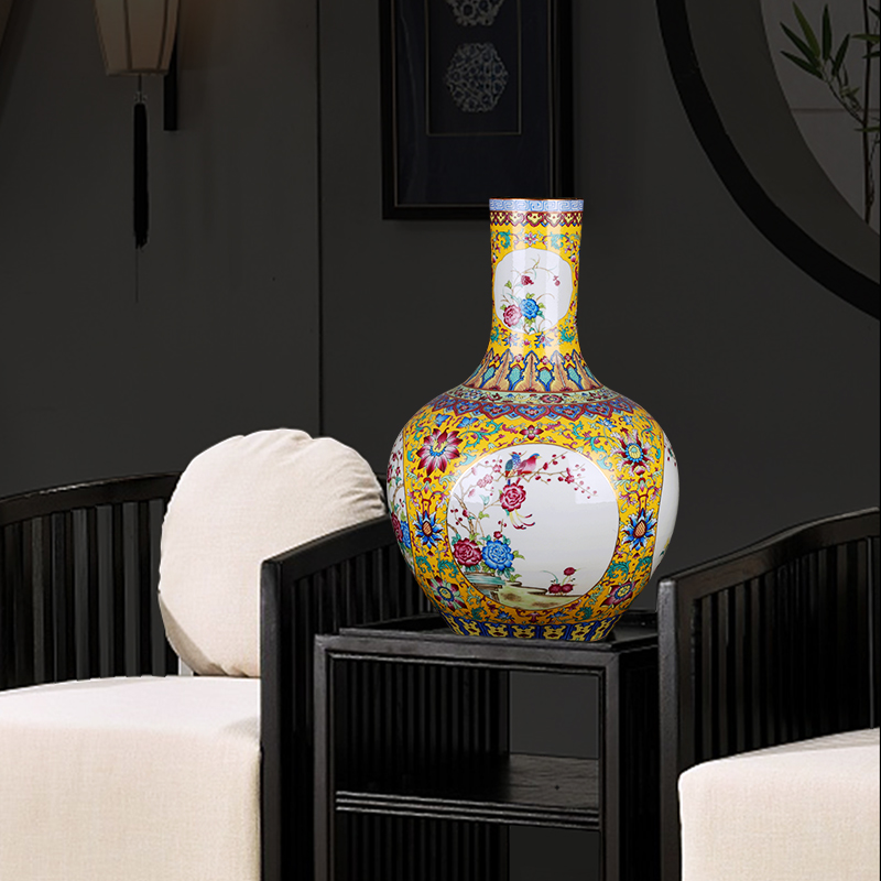Jingdezhen ceramics large vases, new Chinese style living room colored enamel furnishing articles lucky bamboo flower arranging, home decoration