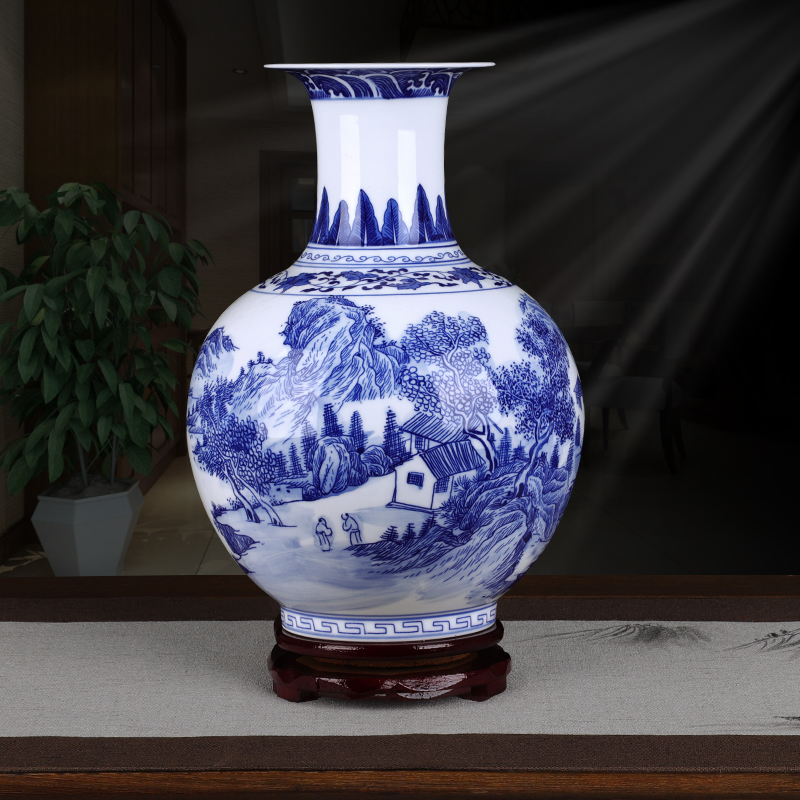 Jingdezhen ceramics hand - made landscape design blue and white porcelain vase Chinese style household desktop sitting room adornment is placed