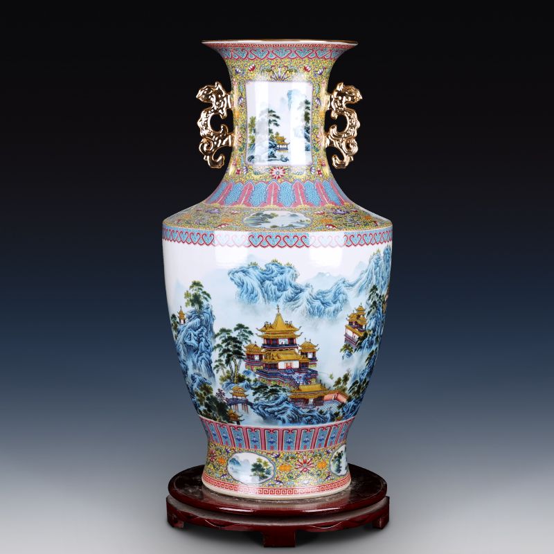 Porcelain of jingdezhen ceramic vases, antique pastel landscape Jin Zhongshuang ear Chinese style living room decoration TV ark, furnishing articles