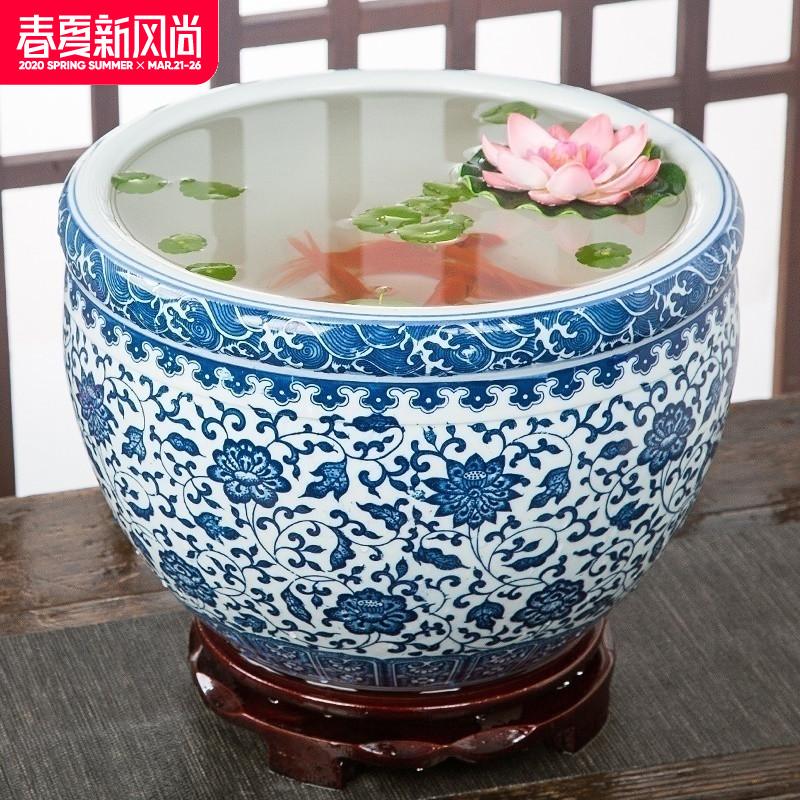 Jingdezhen ceramic aquarium goldfish large blue and white turtle slept GangPen bowl lotus refers to basin of lotus cylinder betelnut POTS