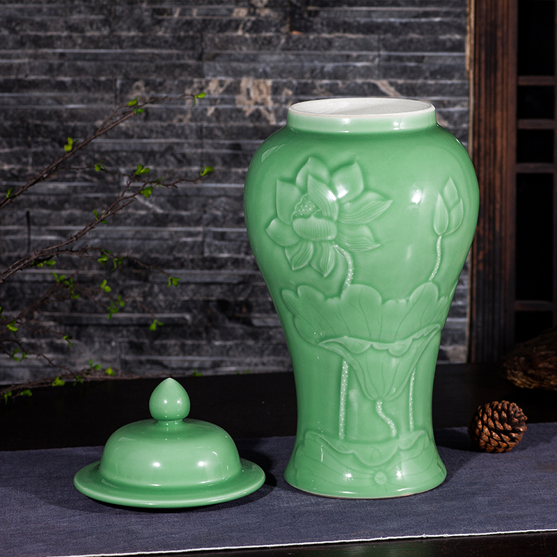 Jingdezhen ceramics antique vase manual carve shadow green rich ancient frame wine sitting room adornment home furnishing articles