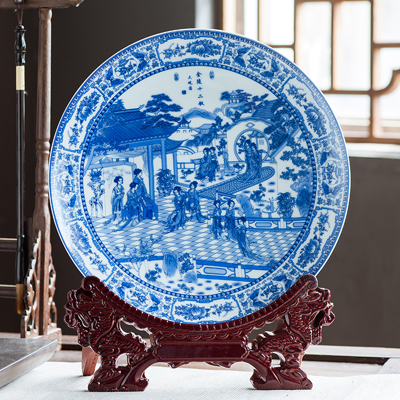 Jingdezhen ceramics furnishing articles home decorations hanging dish handicraft wine blue - and - white twelve gold hair pin decorative plate