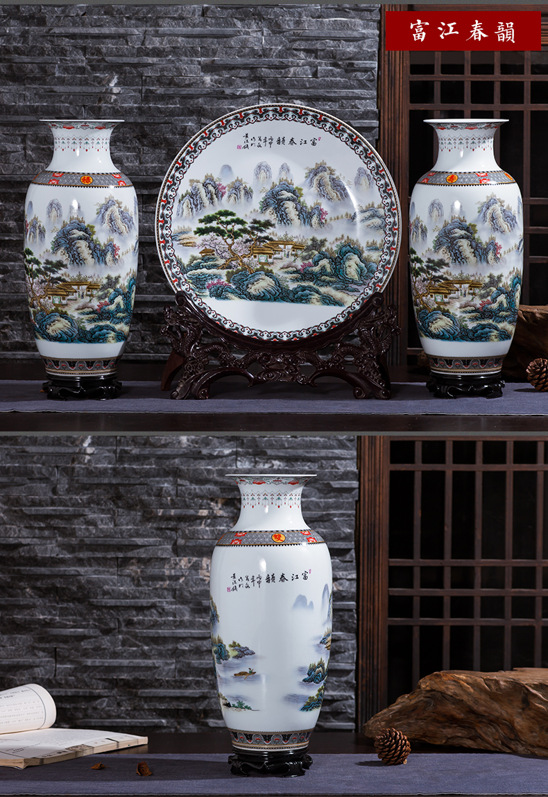 Jingdezhen chinaware big vase three - piece suit Chinese style living room TV ark place flower arranging household craft ornaments