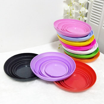 Candy-Colored Plastic Flower Pots with Round Trays, Available in Large, Small, and Medium Sizes, with Petal-Shaped Horizontal Stripes, and Matching Water-Catching Trays and Base Trays