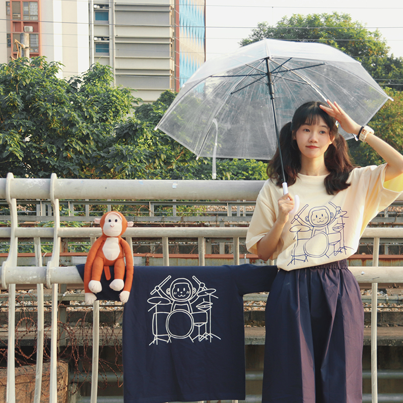 Little Monkey Lulu Drum Set Summer Short-Sleeved Unisex Loose-Fitting Drop-Shoulder Pure Cotton 230g Couple Short T-Shirt