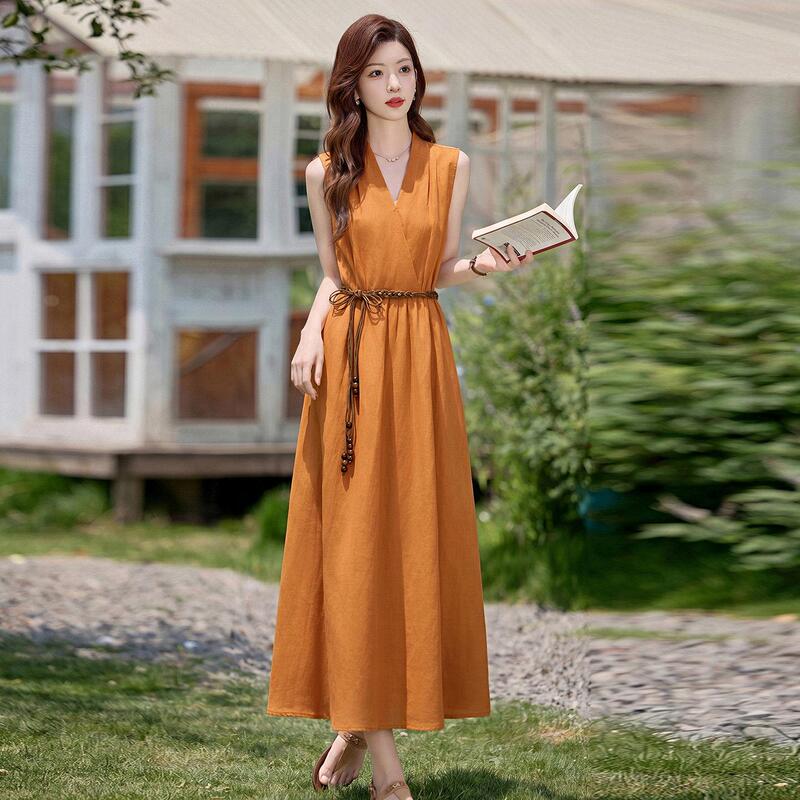 2026 New Summer Fashion Style, High-End, Elegant, V-Neck, Tie-Waist, Sleeveless Long Dress for Women 2026 New Summer Fashion Style, High-End, Elegant, V-Neck, Tie-Waist, Sleeveless Long Dress for Women
