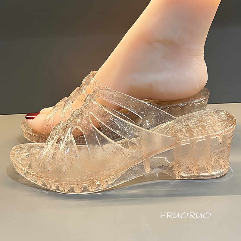 Japan's Fruoruo Niche High-Heeled Crystal Shoes Transparent Western-Style Slippers Women's Thick-Soled Jelly Heightening Glitter Shoes Trbottomy