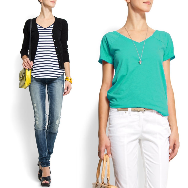 Spring and summer new Spanish minimalist base Stripes Casual Stylish Body Cotton Short Sleeve T-shirt Woman V collar