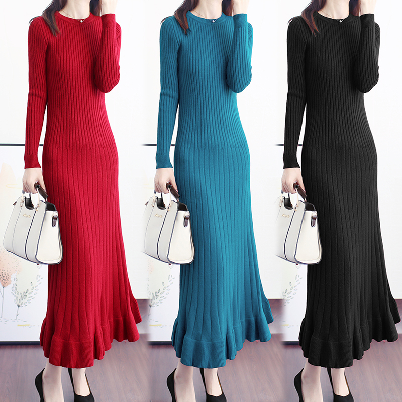 Slimming Autumn Thickened Base Dress, Extra-Long Over-The-Knee V-Neck Versatile Plus-Size Long-Sleeve Sweater Knit Dress for Winter