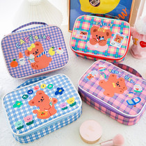 Japan-ROK Cartoon PU Makeup Bag 2022 Large-capacity Little Bear Plaid Girl Hearts Wash Toiletries to Drain Milk