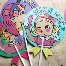 Summer cute girl girl heart hand cranked small round fan Middle long handle student sweet fan lady type portable