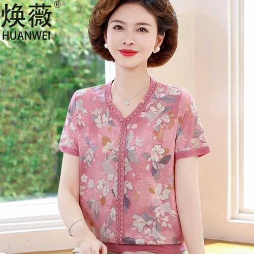 Летняя одежда для матери с круглым воротником, шелковая кружевная футболка, короткий рукав, для среднего возраста, в западном стиле