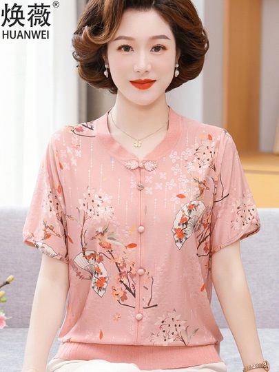 中年妈妈夏装短袖冰丝T恤上衣中老年女新中式国风小衫洋气两件套