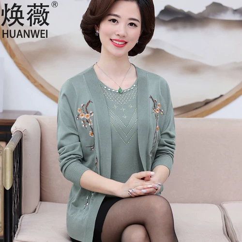 Весенний трикотажный комплект для матери, свитер, куртка, осенний тонкий кардиган для пожилых людей, большой размер, для среднего возраста