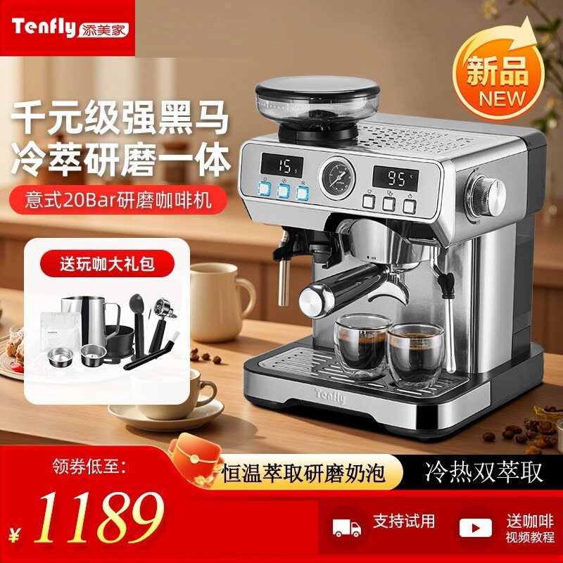 Tenfly Cold Brew Coffee Machine with Integrated Grinder, Italian-Style, Small, Semi-Automatic, Pressure-Relief, 301 New Model