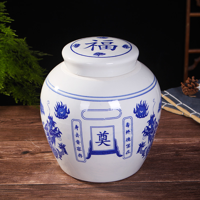 Jingdezhen ceramic urn urn picking bone altar funeral utensils picking bone urn dragon and phoenix Chengxiang blue and white urn