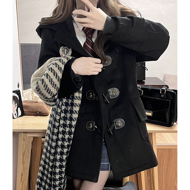 Huaqianzhu original college style horn button coat winter black women's woolen jk uniform mid-length quilted