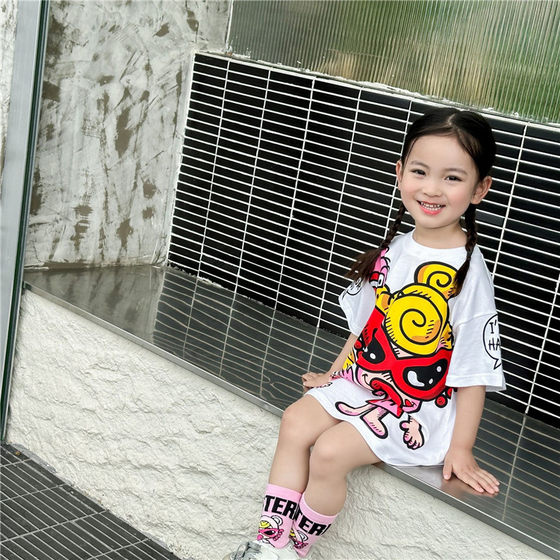 2025日系童装新款女童夏季纯棉卡通黑超奶嘴短袖连衣裙亲子BigT裙