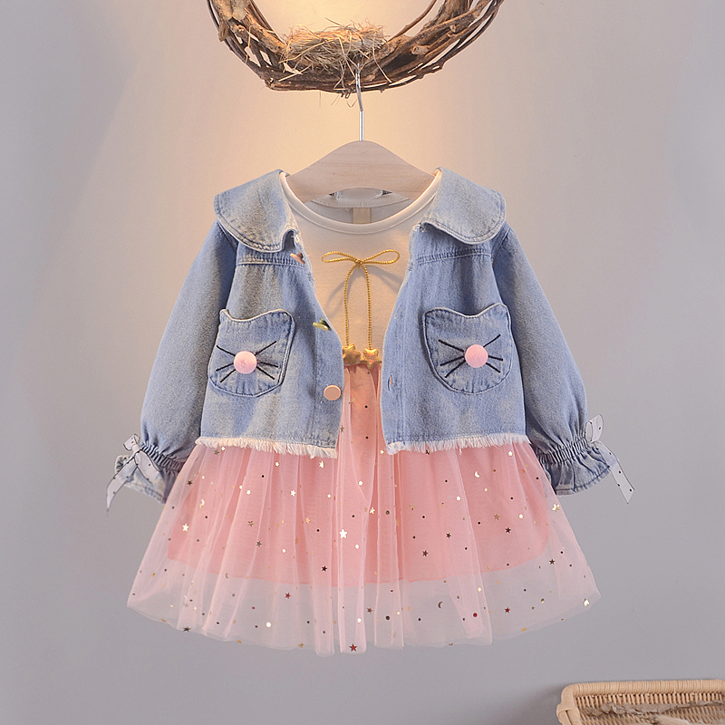 Girl's autumn dress Cowboy dress Baby 0-1-2-3 years old Little baby Ocean dress Korean version Tennis dress Long sleeves princess dress