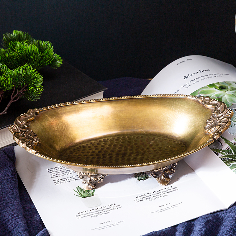 Mia Home European-Style Brass Handmade Vintage Carved Oval Light Luxury Tray French-Style Aromatherapy Coffee Table Fruit Tea Tray