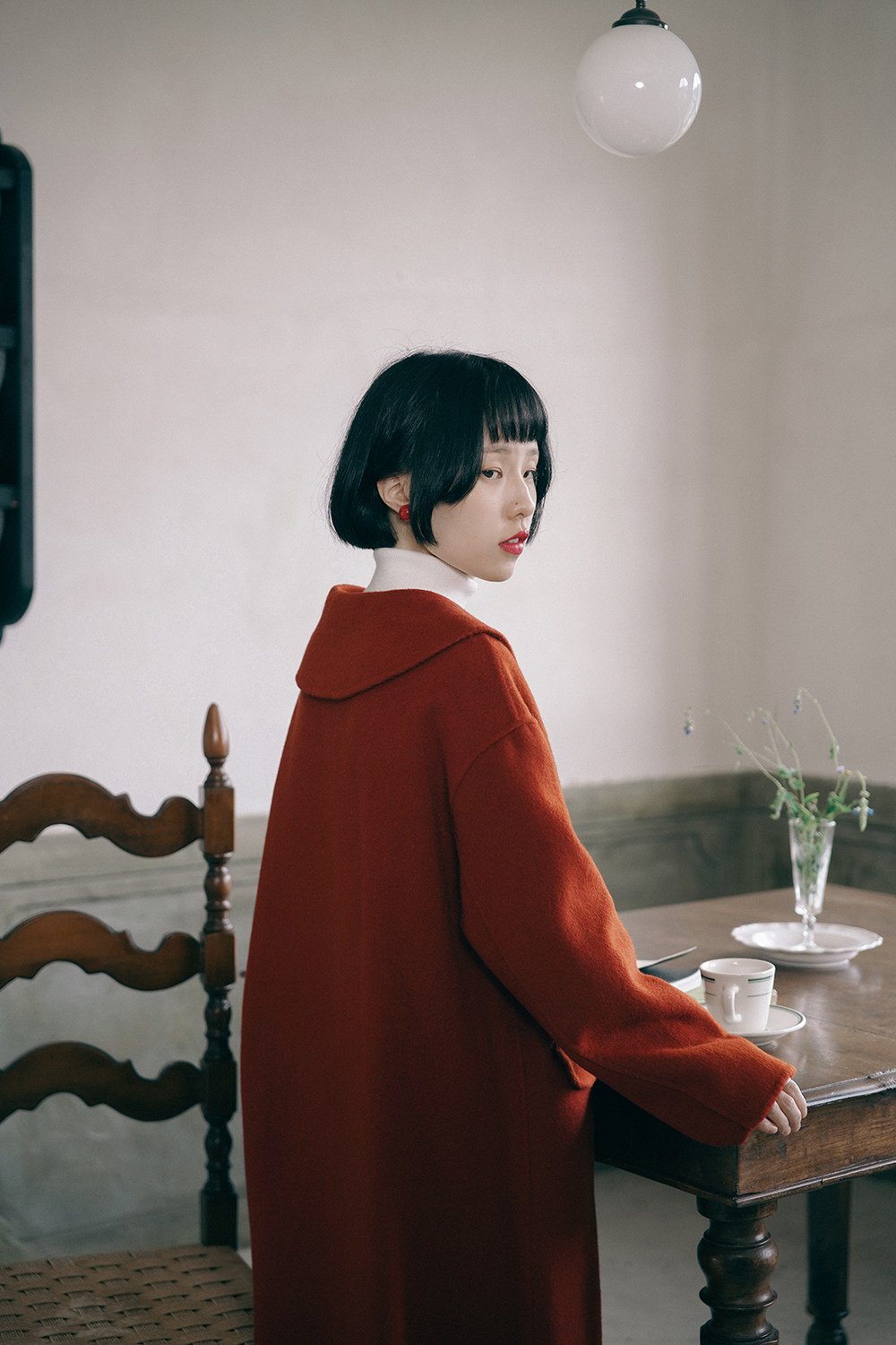 新年の幸運を呼ぶレッドウールコート ミドル丈 秋冬ウールコート