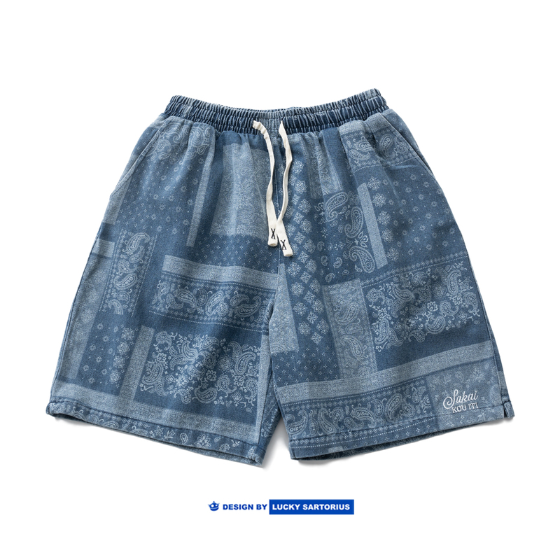 Washed Vintage Paisley Pattern Printed Beach Shorts Casual Elastic Waist Denim Shorts for Men and Women Washed Vintage Paisley Pattern Printed Beach Shorts Casual Elastic Waist Denim Shorts for Men and Women