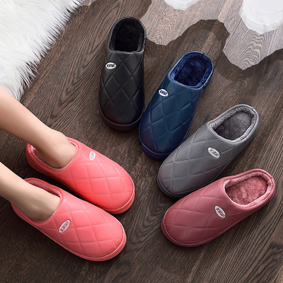 pu皮加绒加厚防水棉拖鞋月子鞋