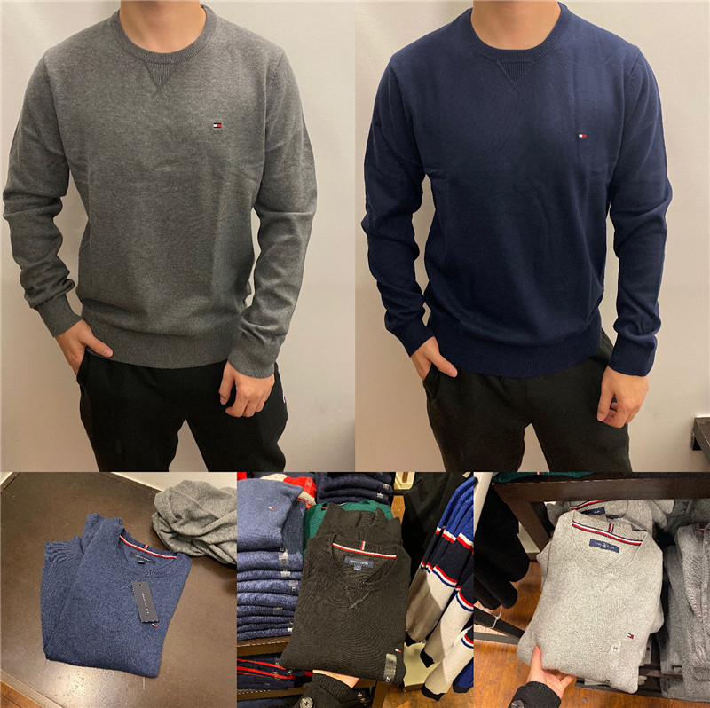 Edamame American TOMMY men solid color round neck V-neck pullover long sleeve sweater sweater