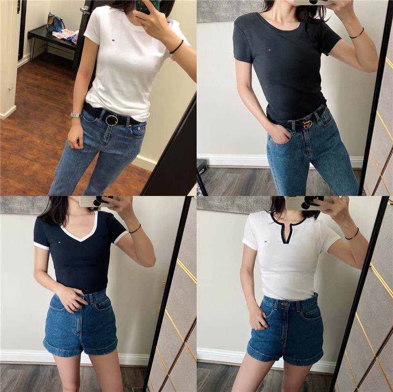 Edamame American Tommy Hilfiger Lady Classic Threaded Cotton Short Sleeve T-shirt