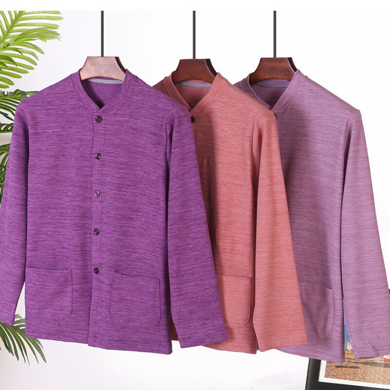 Middle-aged and elderly women's cardigan de velvet heating fiber autumn clothes double-sided brushed plus size warm top thin bottoming shirt