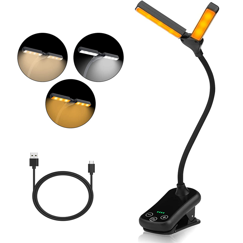Led Rechargeable Clip-On Book Light, Eye Protection, Stepless Dimming Desk Lamp, Dormitory Reading Bedside Lamp, Double-Rod Led Music Stand Light