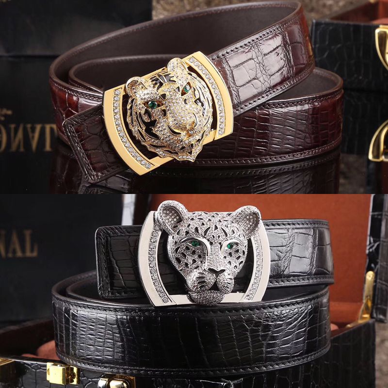 Tiger Head Crocodile Leather Belt Leopard Head Crocodile Leather Belt Diamond-Encrusted Tiger Head 3.8 Crocodile Leather Belt Crocodile Leather Belt