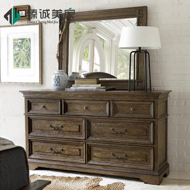 American country solid wood oak seven-drawer cabinet makeup table Makeup table Makeup mirror combination Neoclassical old decorative cabinet