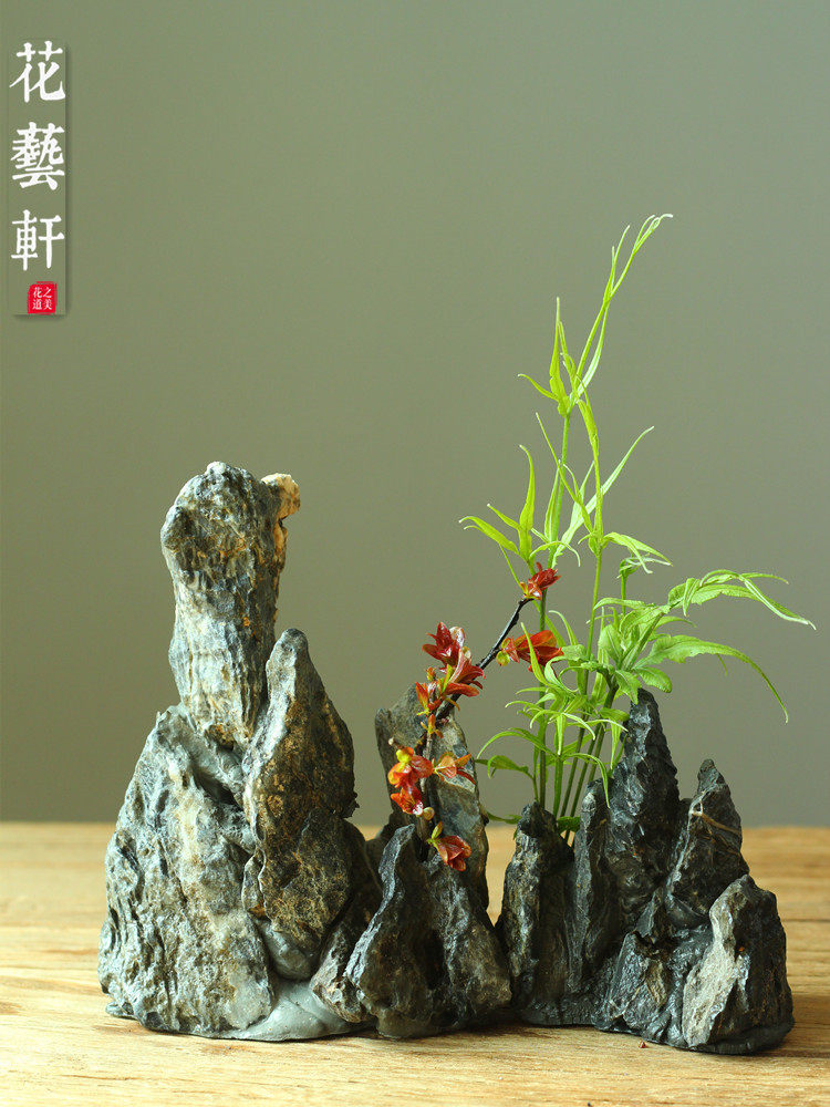 Handmade small rockery Qinglong stone Hydroponic freehand landscaping Stone mountain flower pot landscape decorative flower arrangement auxiliary ornaments