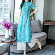 Tang chiếc váy sườn xám gió dài Trung Quốc hàng ngày retro ngắn tay in trắng rộng chân quần hai mảnh bộ