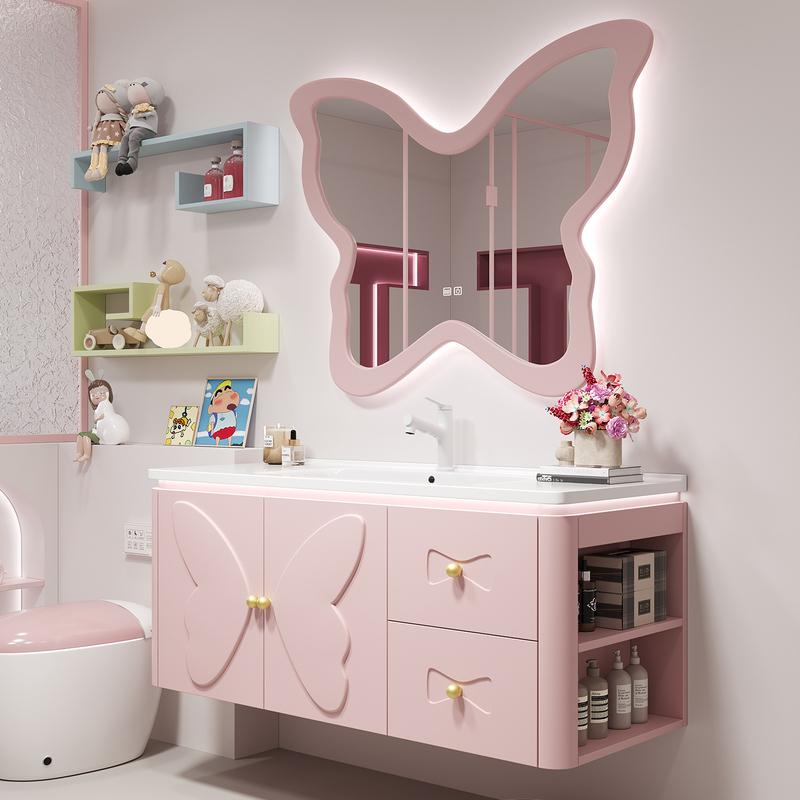 French-Style Pink Oak Bathroom Cabinet Set with Lacquered Side Cabinet, Bathroom Vanity, Washbasin, Butterfly Design French-Style Pink Oak Bathroom Cabinet Set with Lacquered Side Cabinet, Bathroom Vanity, Washbasin, Butterfly Design