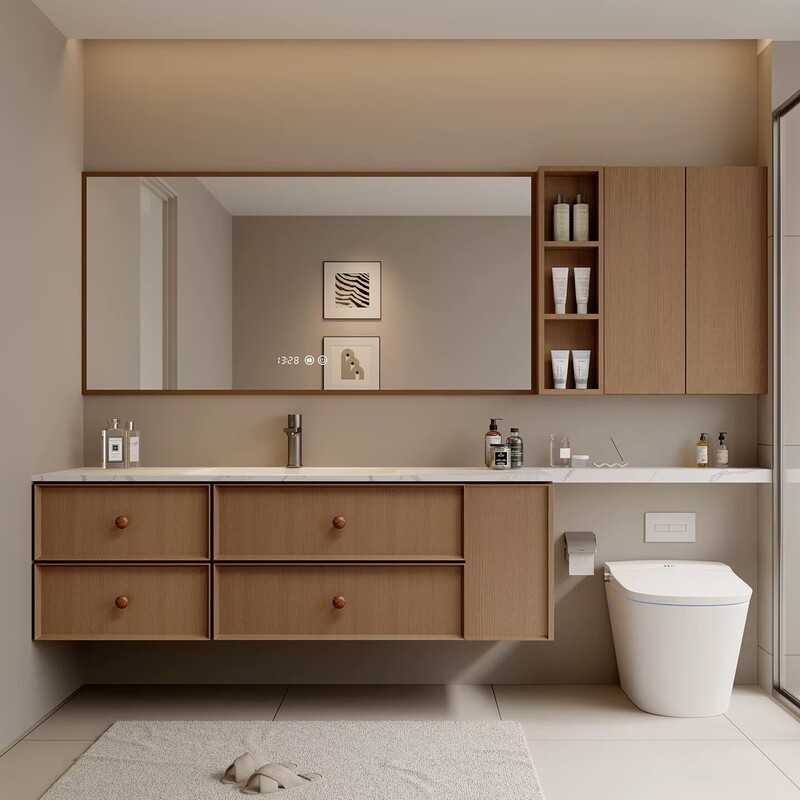 Light Luxury Oak Bathroom Cabinet Set with Integrated Toilet Extension Cabinet, Washbasin Cabinet, and Bathroom Sink Cabinet
